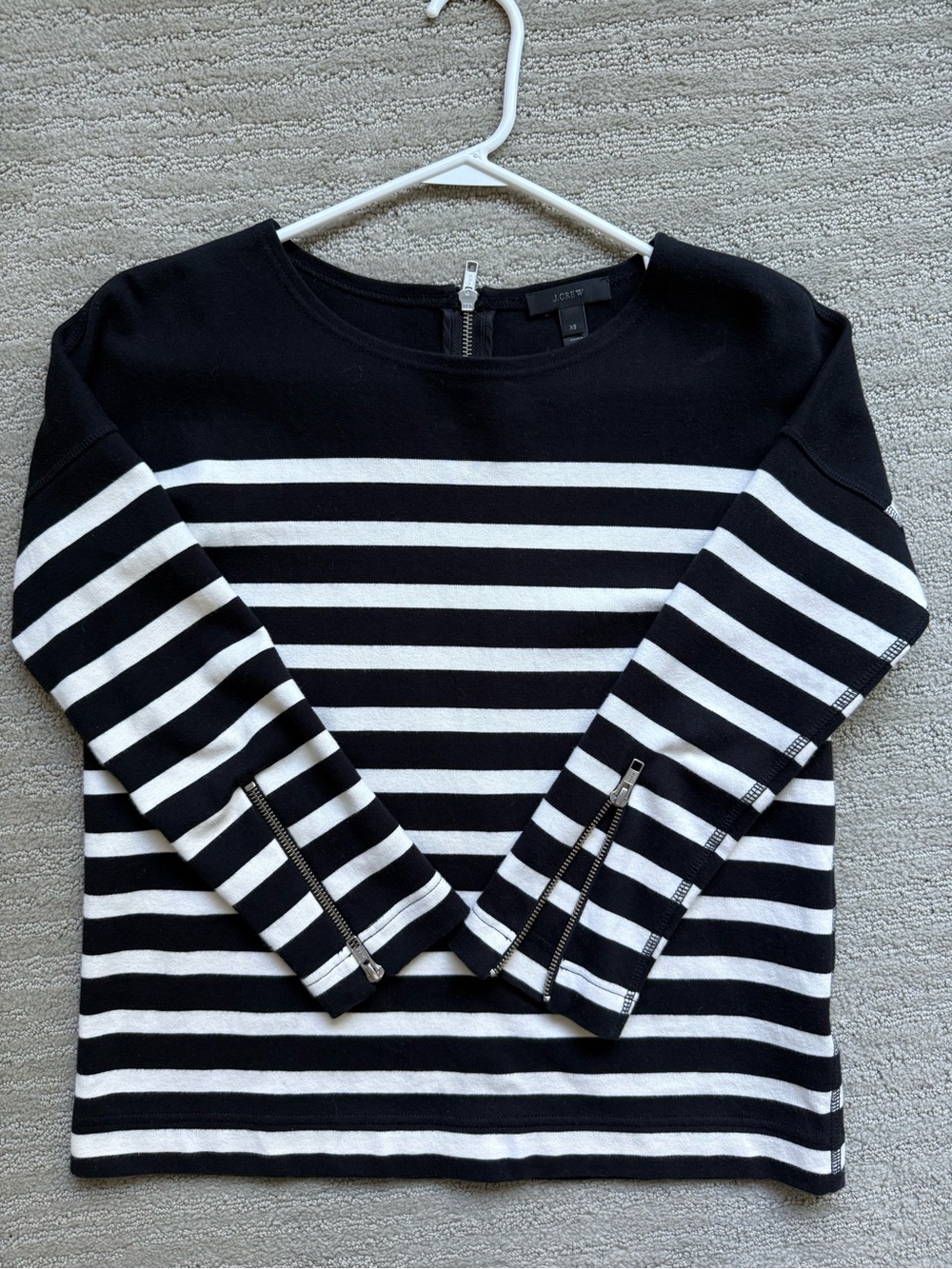J. Crew Black and White Striped Boatneck Sweater with Sleeve Zippers